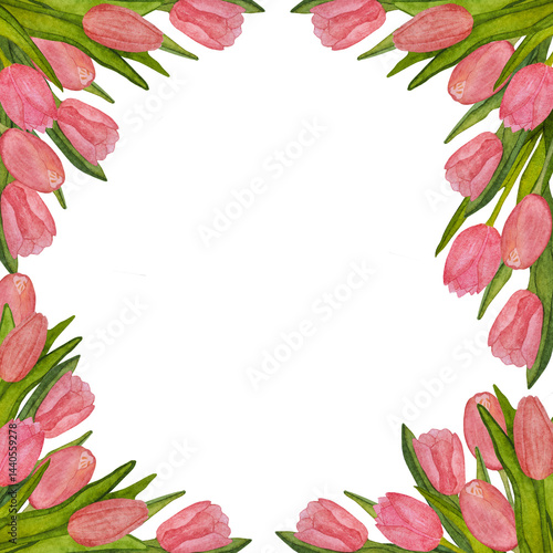 Wallpaper Mural Round frame of blooming pink tulips with green leaves hand painted in watercolor on white background Torontodigital.ca
