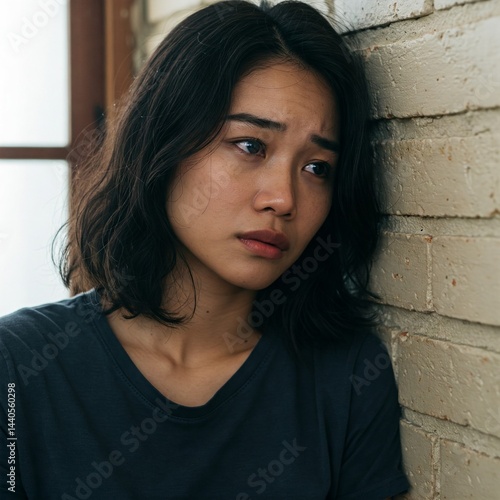 desperate young asian woman against a wall