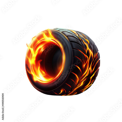 Flaming Tire Hot Rod Wheel on Fire, Burning Rubber, Speed and Power