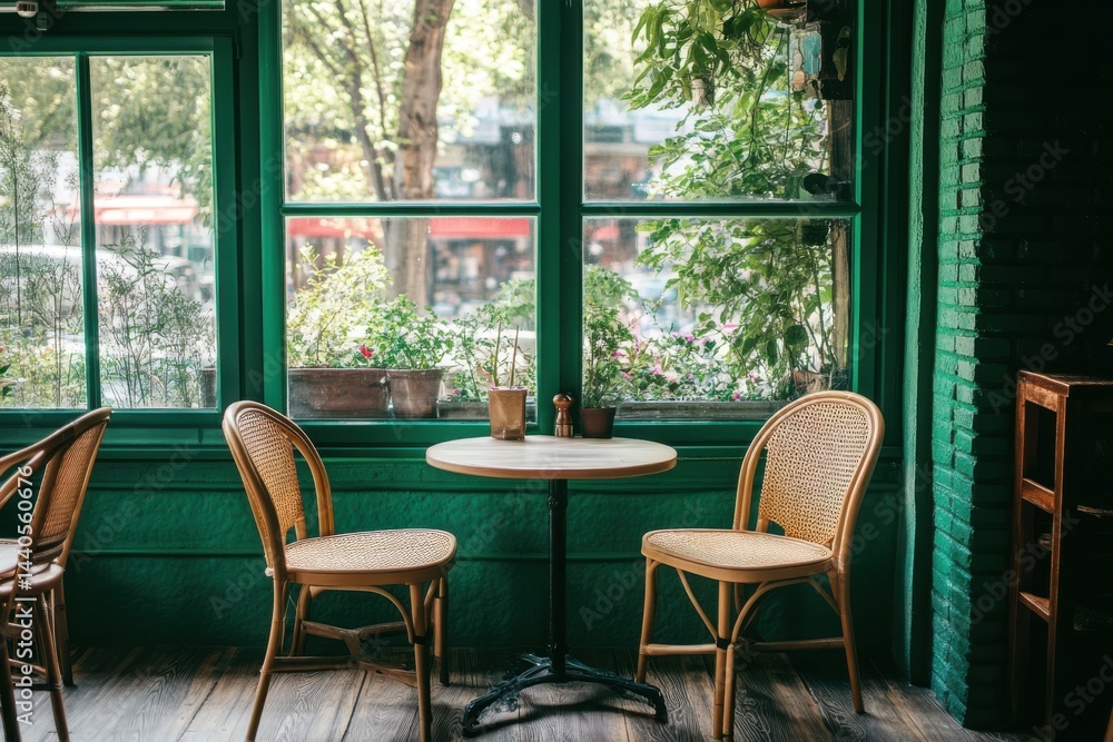 A cozy cafe interior with a round table and wicker chairs near a green window with plants outside A cozy cafe interior with a round table and wicker chairs near a green window with plants outside