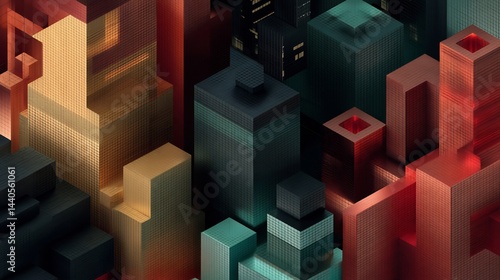Fototapeta Naklejka Na Ścianę i Meble -  Abstract architectural rendering featuring isometric cubes with warm and cool tones