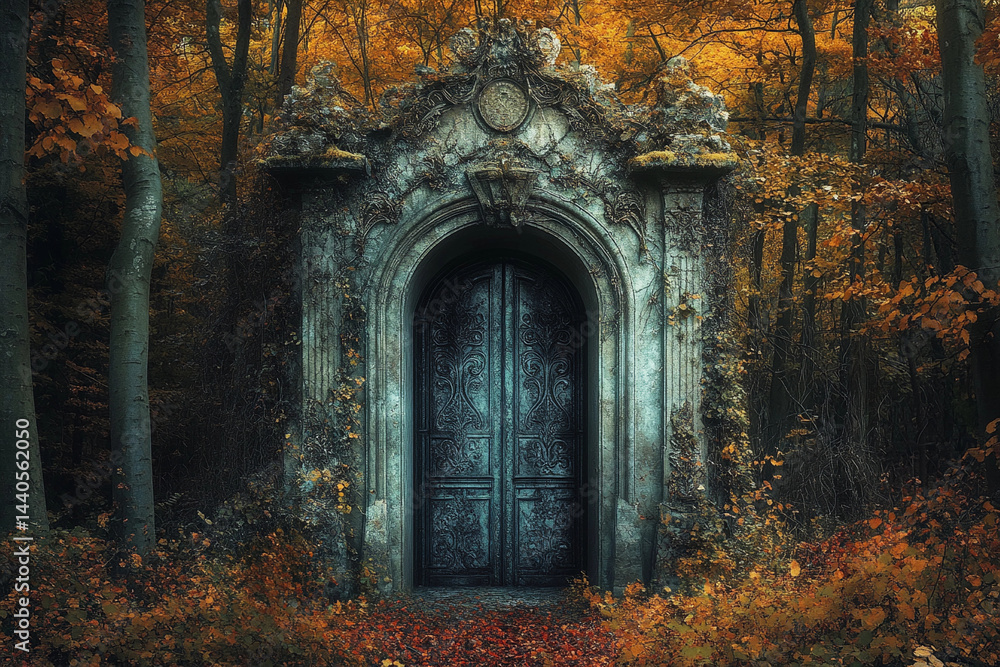 Mysterious stone gateway stands in a serene forest surrounded by tall trees on an overcast day