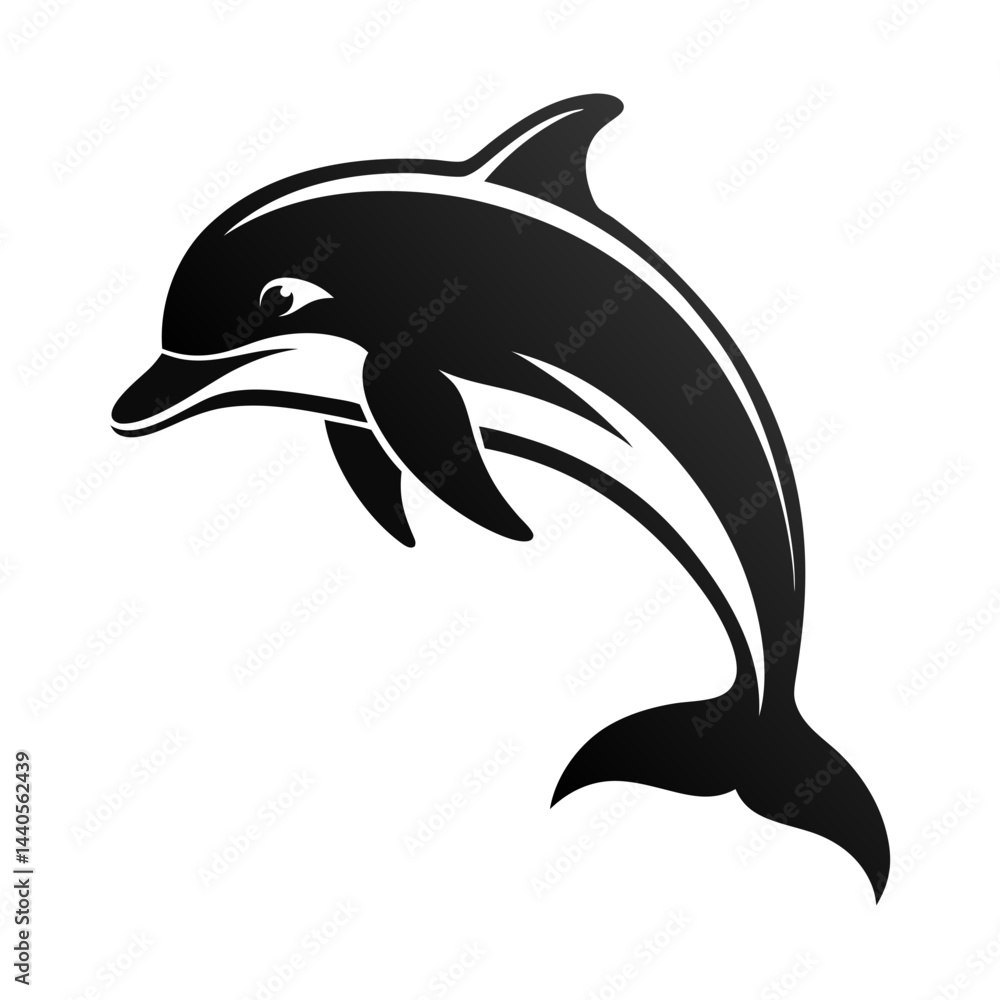 Fototapeta premium Silhouette of a single dolphin jumping in black and white illustration