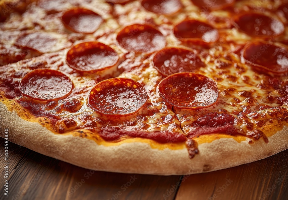 Close-Up of Delicious Pepperoni Pizza with Melting Cheese and Crust on Rustic Wooden Table Surface Close-Up of Delicious Pepperoni Pizza with Melting Cheese and Crust on Rustic Wooden Table Surface