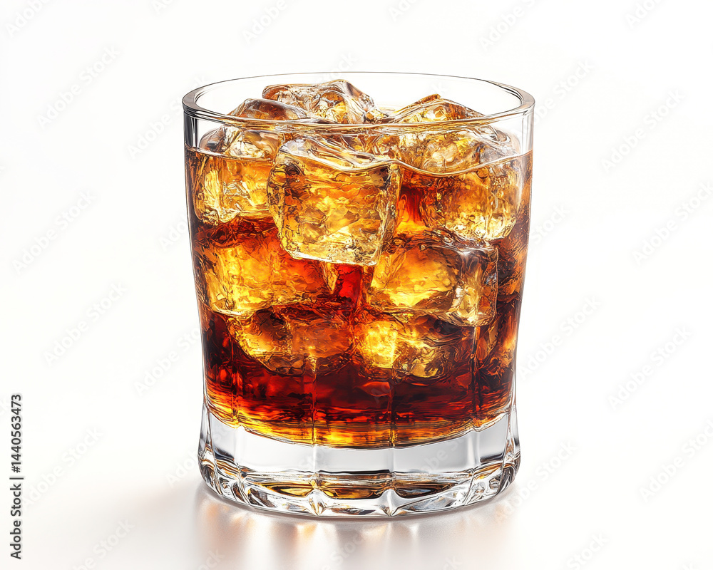 High-quality Image of Glass Filled with Dark Carbonated Soft Drink and Ice Cubes on White Background High-quality Image of Glass Filled with Dark Carbonated Soft Drink and Ice Cubes on White Background