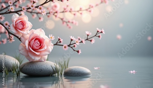 Blossoming roses and stones in a serene water background  