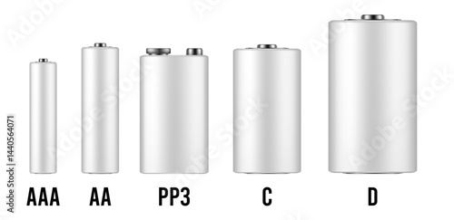 White battery mockup. Set of different types of alkaline batteries. AAA, AA, PP3, C and D types. Realistic vector illustration