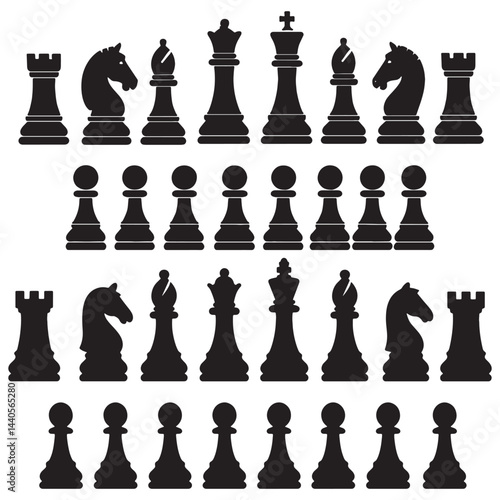  A set of chess piece silhouettes including king queen rook bishop knight and pawns for two players
