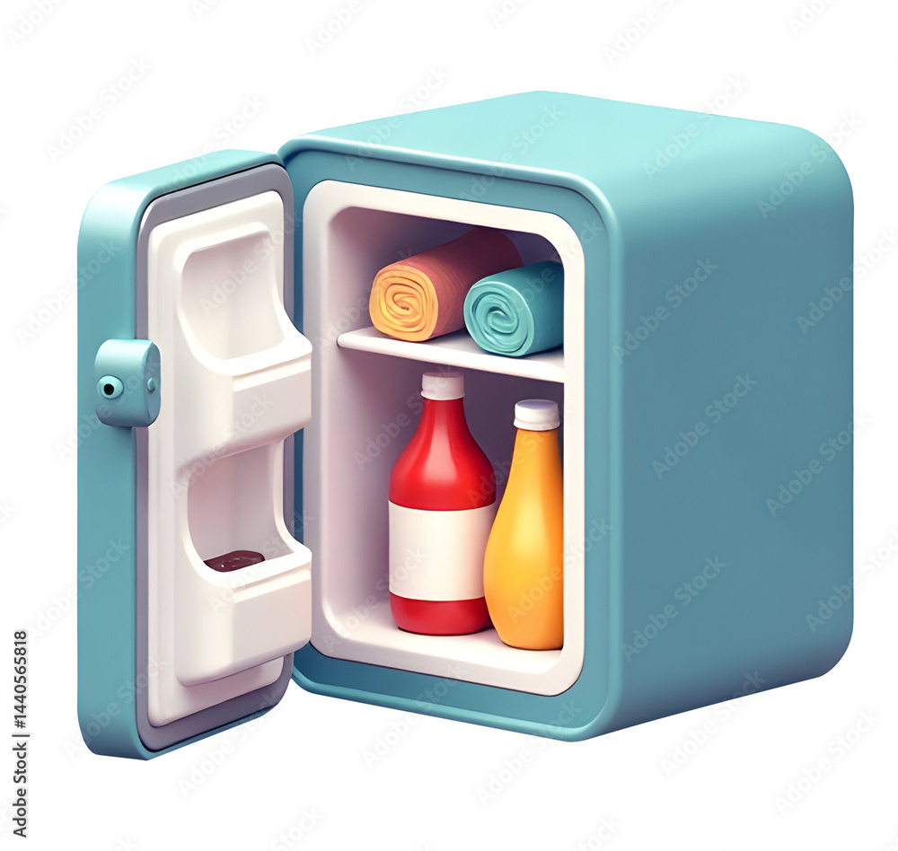 Colorful mini fridge filled with beverages and snacks, perfect for any space.,cut out
