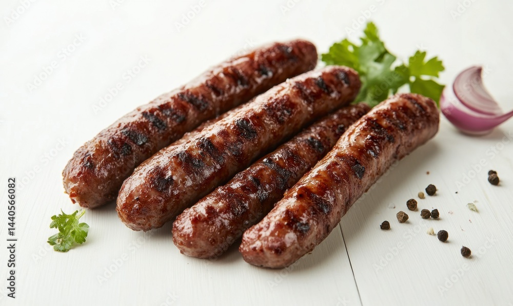 Grilled Sausages Served on White Background with Herbs and Spices Grilled Sausages Served on White Background with Herbs and Spices