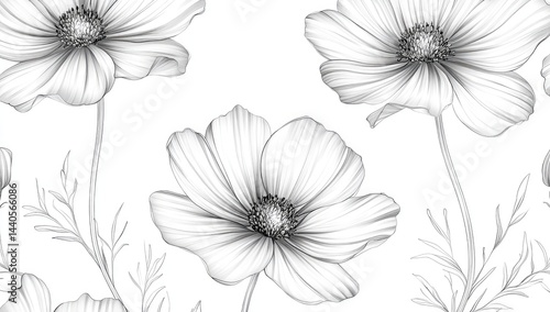 Monochrome floral pattern; delicate, detailed pencil sketch of cosmos flowers on white background