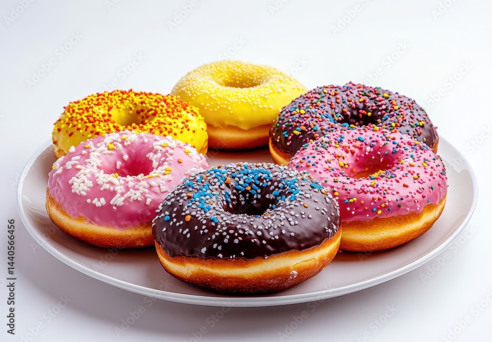 Colorful and Delicious Donuts with Sprinkles and Icing on a White Plate, Perfect for Sweet Treats and Dessert Lovers Colorful and Delicious Donuts with Sprinkles and Icing on a White Plate, Perfect for Sweet Treats and Dessert Lovers