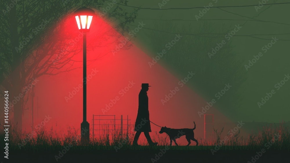 Fototapeta premium Person walking dog in the fog at night