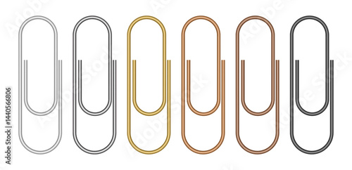 Set of multicolored paper clips. White, silver, gold, bronze, brown and black colors