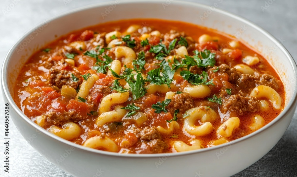Hearty Pasta Soup with Ground Meat and Fresh Herbs in Bowl Hearty Pasta Soup with Ground Meat and Fresh Herbs in Bowl