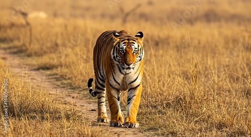 Bengal tiger walking through savannah