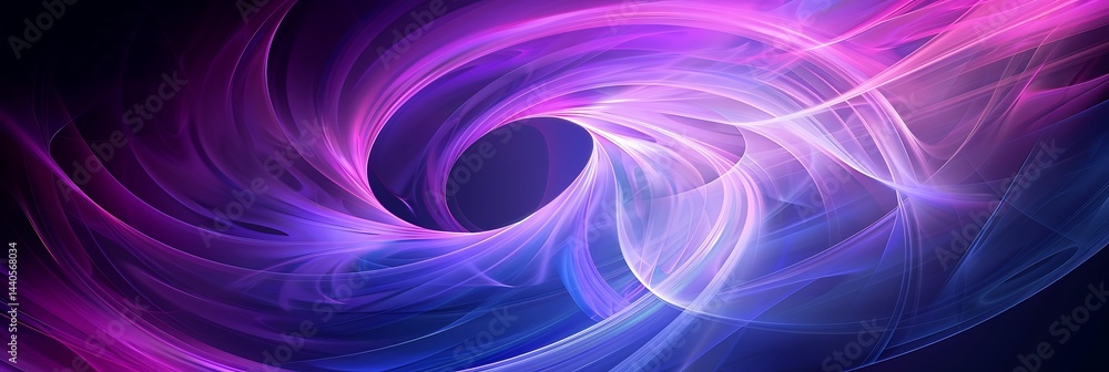 Fototapeta premium Abstract swirling vortex of glowing purple, pink, and blue light energy streams against a dark background. Futuristic cosmic or plasma concept design. 