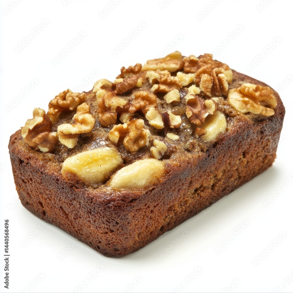Moist banana walnut bread loaf topped with whole nuts on a clean white background
Moist banana walnut bread loaf topped with whole nuts on a clean white background