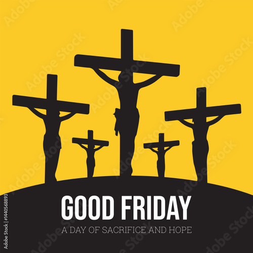 Good Friday poster design vector featuring three crosses on a hill with yellow background