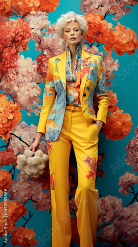 A fashionable middle-aged woman wearing a full-body colorful spring dress, perfect for the latest trends.

