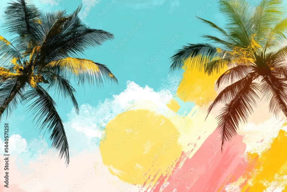 Vibrant summer sale poster showcasing palm trees, bright skies, and creative brush styles for seasonal promotions and marketing strategies perfect for summer-themed campaigns