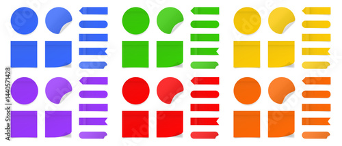 Set of square and round paper stickers. Blue, green, yellow, purple, red and orange stick in notes. Post it notes. Sheets of paper. Tag, sticky note. Pointed bookmarks