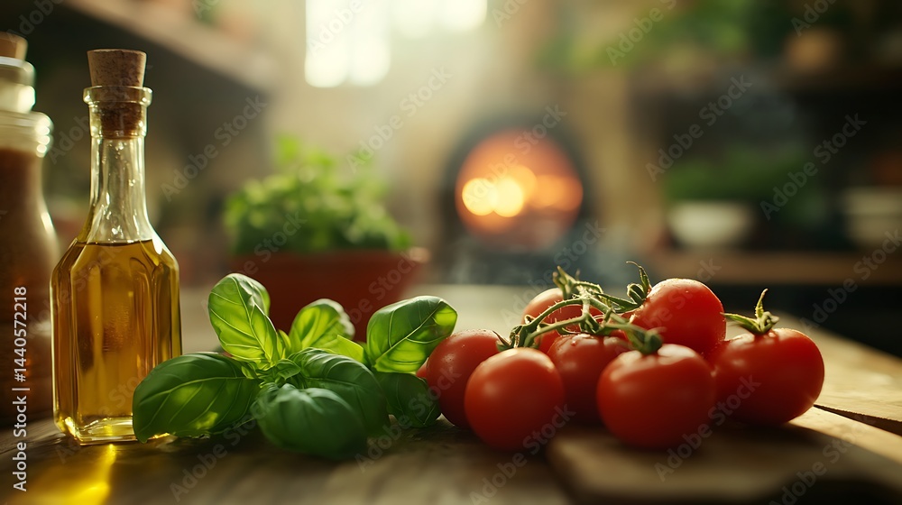 暖炉のあるキッチンでのトマトとバジル 暖炉のあるキッチンでのトマトとバジル