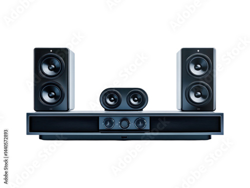 -quality rendering  of  a  home audio sound system, consisting of speakers and a soundbar.