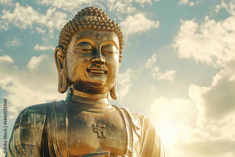 Ancient statue great Buddha on bright holiday composition, abstract vivid composition consists of fictional unreal fantastic vision on background Ancient statue great Buddha on bright holiday composition, abstract vivid composition consists of fictional unreal fantastic vision on background