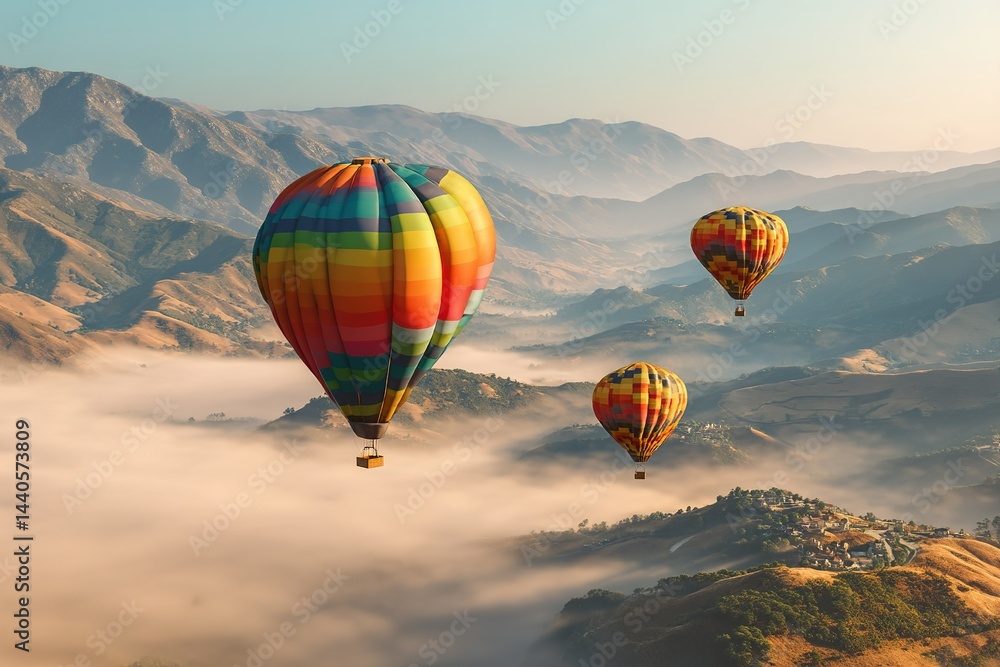Fototapeta premium Colorful hot air balloons rise over a serene valley at dawn with mist drifting through the landscape