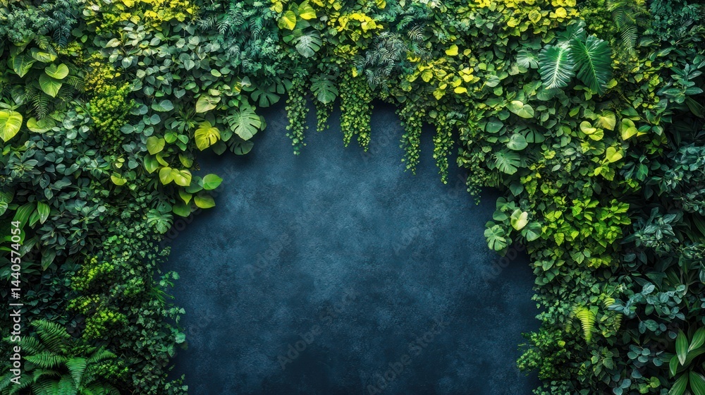 Fototapeta premium Lush green wall with copy space on dark backdrop