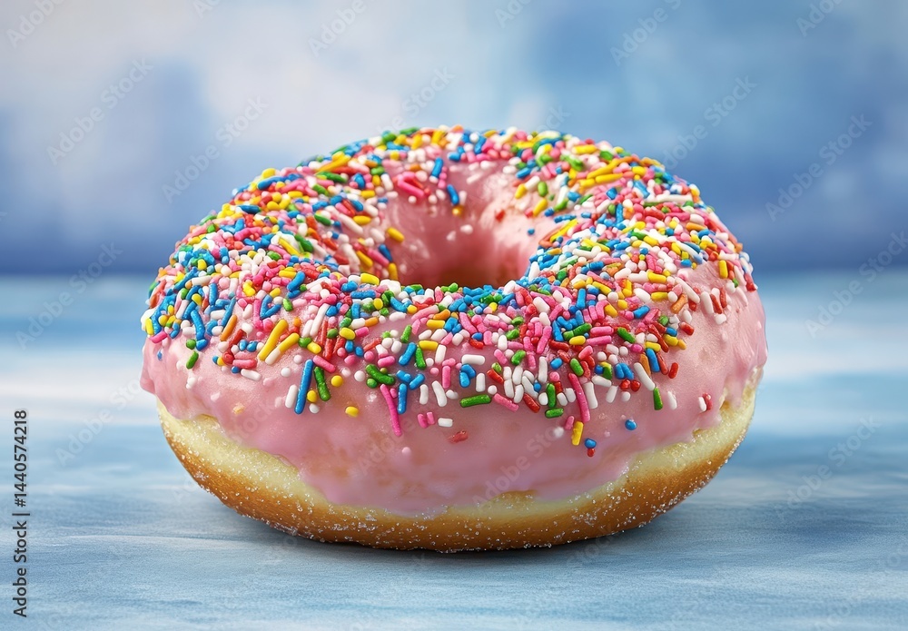 Colorful Donut with Pink Frosting and Rainbow Sprinkles on a Soft Blue Background for Delicious Dessert or Bakery Themes Colorful Donut with Pink Frosting and Rainbow Sprinkles on a Soft Blue Background for Delicious Dessert or Bakery Themes