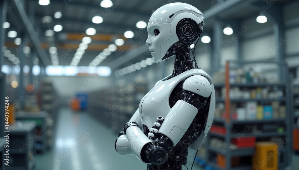 humanoid robot crossing arms at a factory humanoid robot crossing arms at a factory