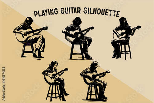 Silhouette of Person Playing Guitar. Musician Playing Guitar Silhouette.