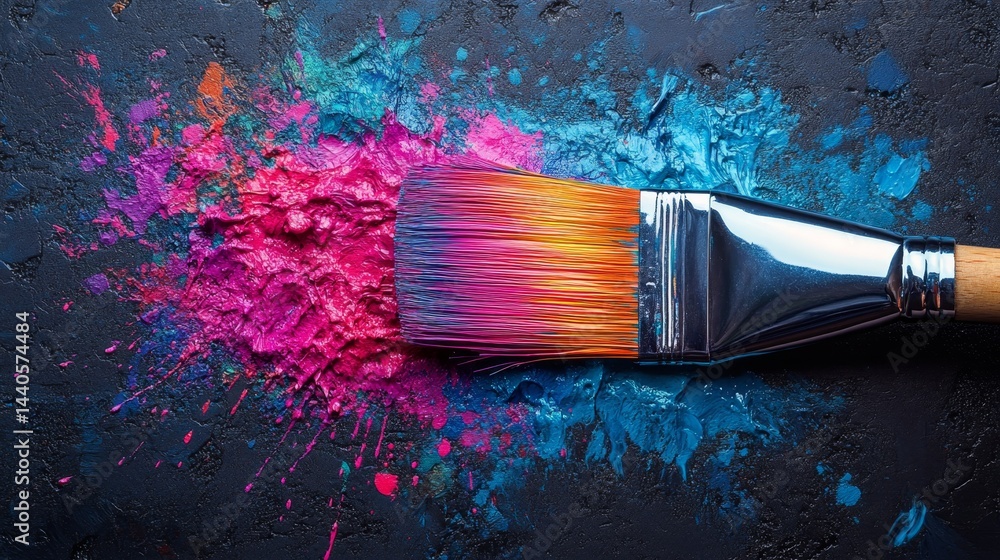 Fototapeta premium Colorful paintbrush with vibrant pink and blue paint splashes on dark textured surface.