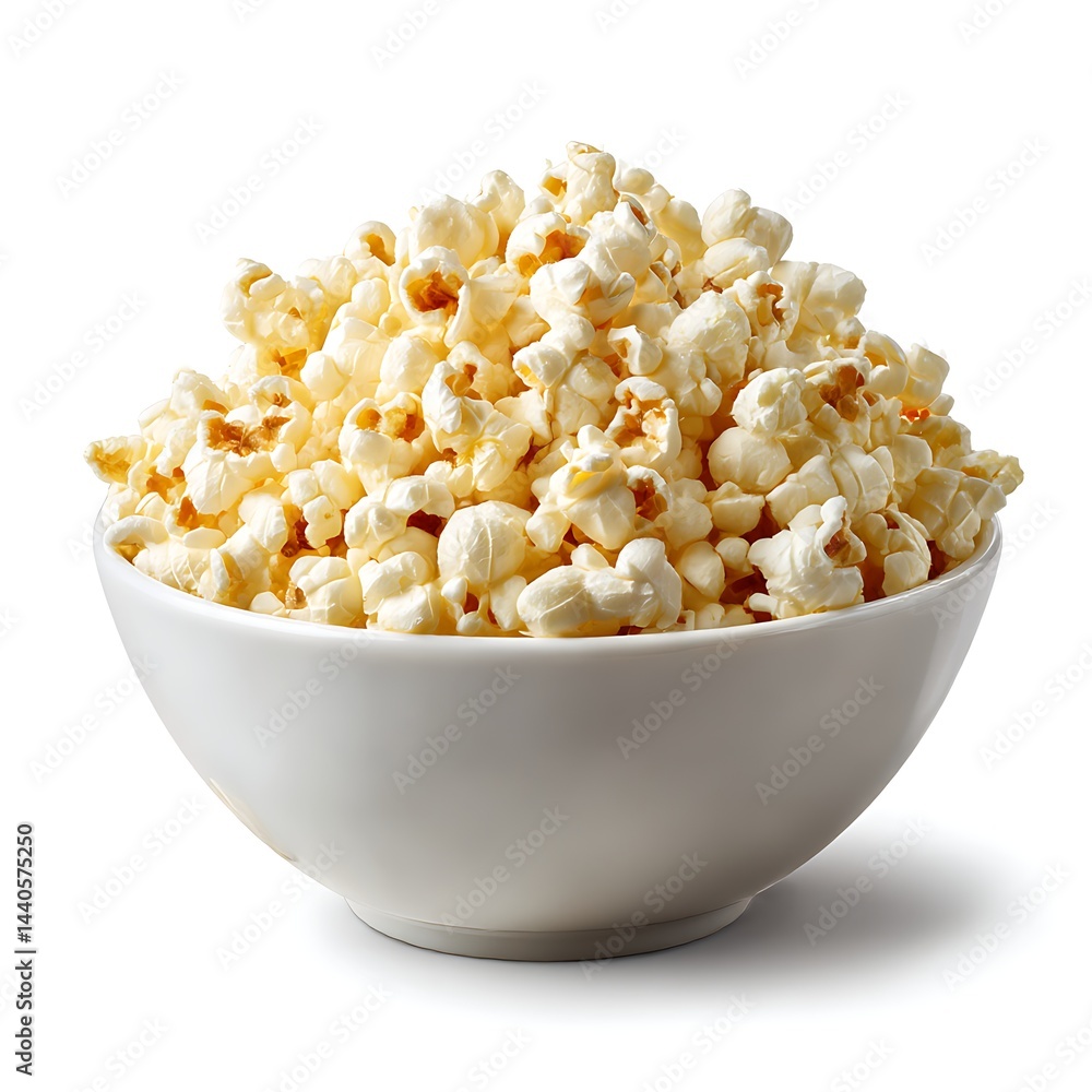 A bowl overflowing with freshly popped popcorn, isolated on a clean white background A bowl overflowing with freshly popped popcorn, isolated on a clean white background