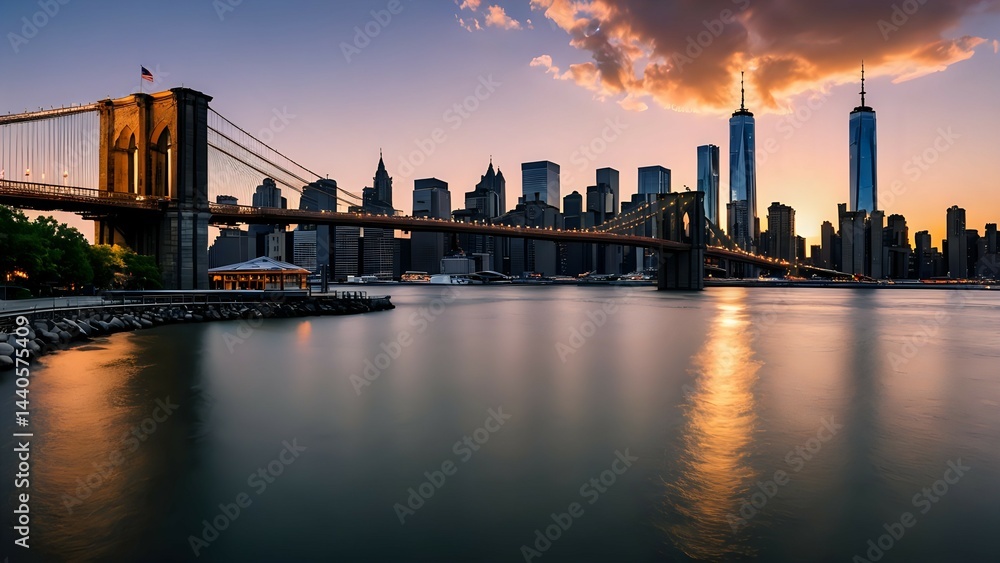 Obraz premium Brooklyn Bridge at twilight with glowing lights and Manhattan skyscrapers in background