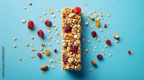 Granola Bar with Dried Cranberries, Hazelnuts and Almonds on Blue Background - Food Photography