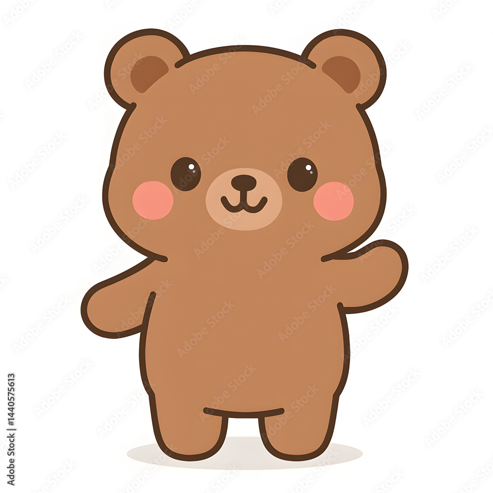 Obraz premium Cute Cartoon Bear: A friendly brown cartoon bear waves hello, with big, bright eyes and a cheerful expression. This adorable illustration is perfect for adding a touch of cuteness to any project.