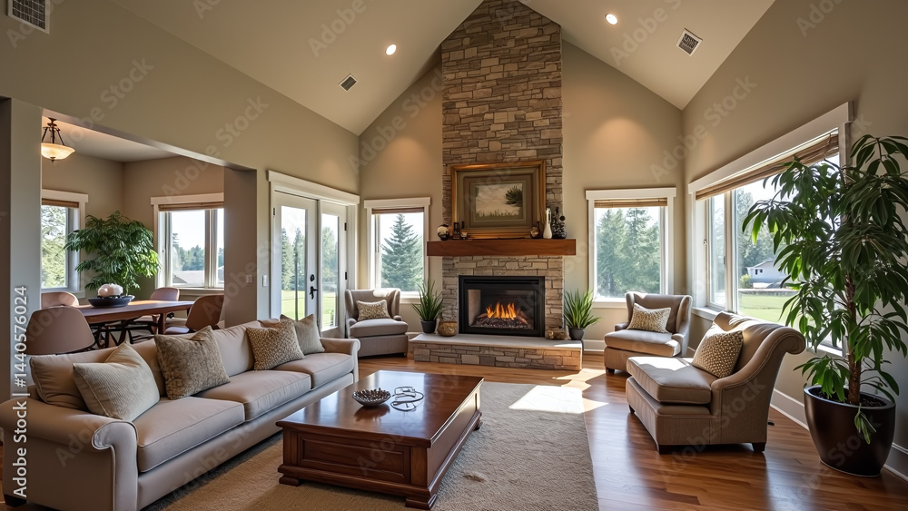 Fototapeta premium Living Room Interior with Stone Fireplace and Furniture