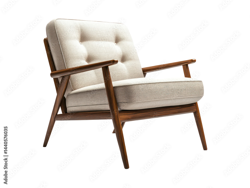 Light beige upholstered arm chair with wooden legs and arms, showcasing mid-century modern design elements. The chair is digitally rendered Light beige upholstered arm chair with wooden legs and arms, showcasing mid-century modern design elements. The chair is digitally rendered