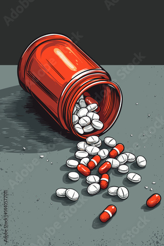 Pouring red and white pills from a bottle on a table.