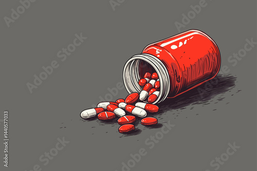 Pouring red and white pills from a bottle on a table.