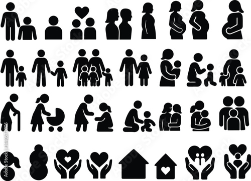 Collection of Silhouette icons showing family parenting pregnancy elderly care love relationships