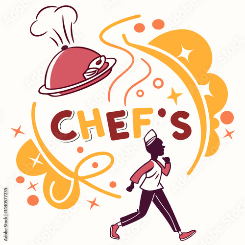 Chef running with dishes and vibrant designs  