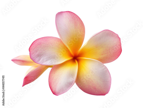 Close-up image of a plumeria flower, showcasing its delicate pink and yellow petals.  The image exhibits vibrant colors and textures.