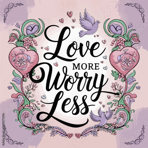 Love more worry less inspirational quote with hearts and doves vector illustration graphic design ,illustration design for t-shirt