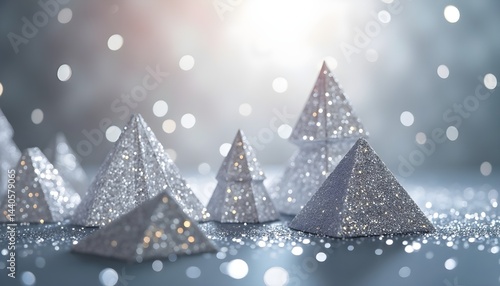 Silver glitter pyramids and trees create a magical winter scene. Perfect for holiday cards or festive decorations.