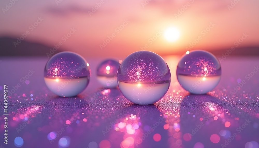 Four glass spheres reflect a vibrant sunset, creating a magical, dreamy scene. The purple hues and glittering surface add to the enchanting atmosphere.
