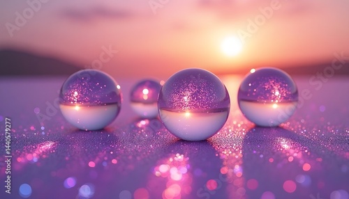 Obraz na płótnie Four glass spheres reflect a vibrant sunset, creating a magical, dreamy scene. The purple hues and glittering surface add to the enchanting atmosphere. w salonie